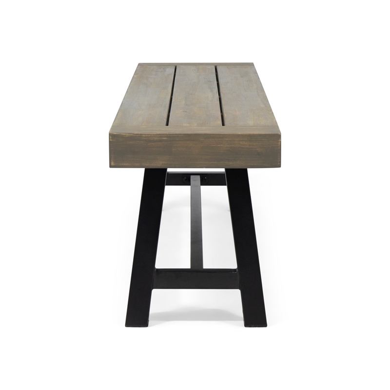 Benjara Leslee Outdoor Dining Bench- 74 Inch- Black Trestle Legs- Gray Wood