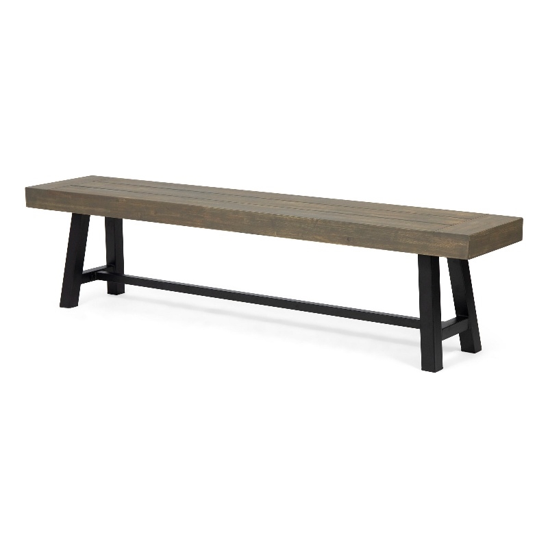 Benjara Leslee Outdoor Dining Bench- 74 Inch- Black Trestle Legs- Gray Wood