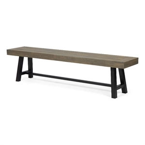 Benjara Leslee Outdoor Dining Bench- 74 Inch- Black Trestle Legs- Gray Wood