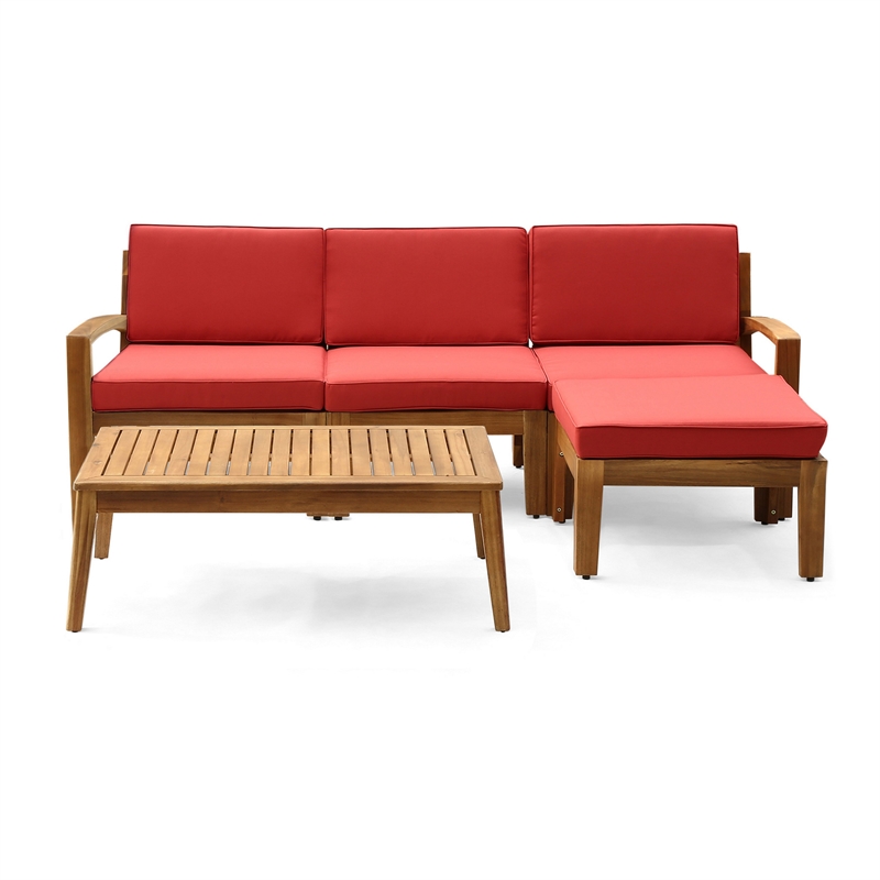 Benjara Outdoor L-Sectional Sofa with Coffee Table- Ottoman- Acacia Wood- Red