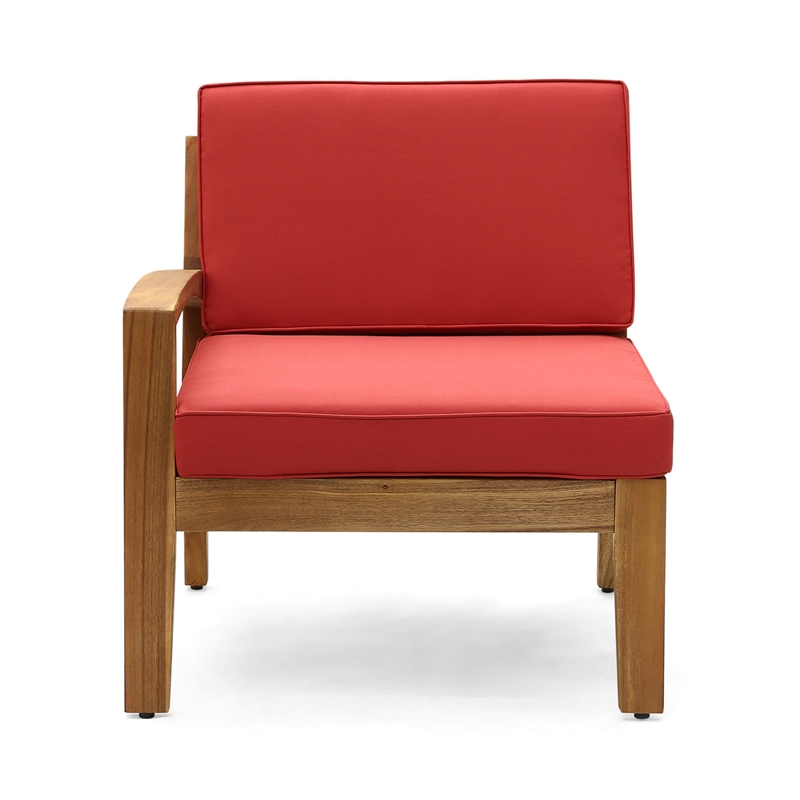 Benjara Outdoor L-Sectional Sofa with Coffee Table- Ottoman- Acacia Wood- Red