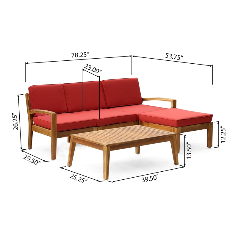 Benjara Outdoor L-Sectional Sofa with Coffee Table- Ottoman- Acacia Wood- Red