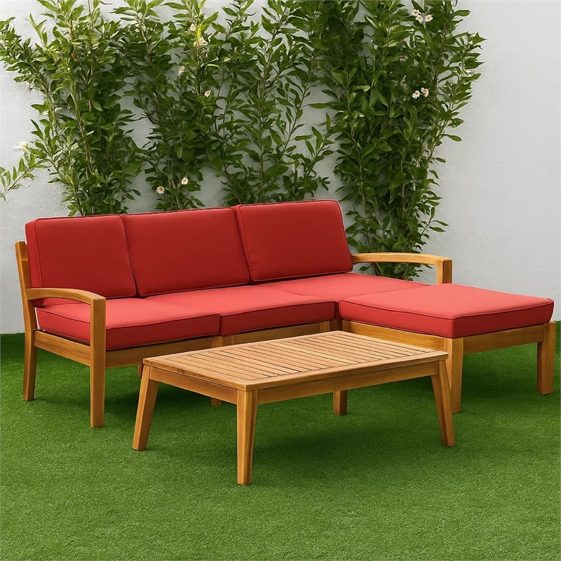 Benjara Outdoor L-Sectional Sofa with Coffee Table- Ottoman- Acacia Wood- Red