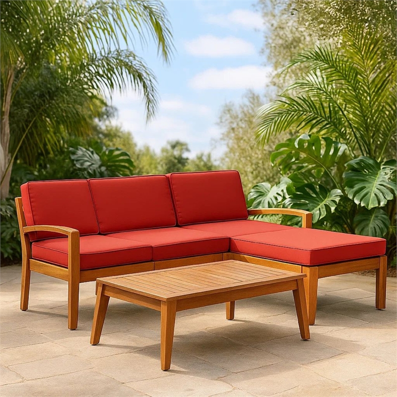 Benjara Outdoor L-Sectional Sofa with Coffee Table- Ottoman- Acacia Wood- Red