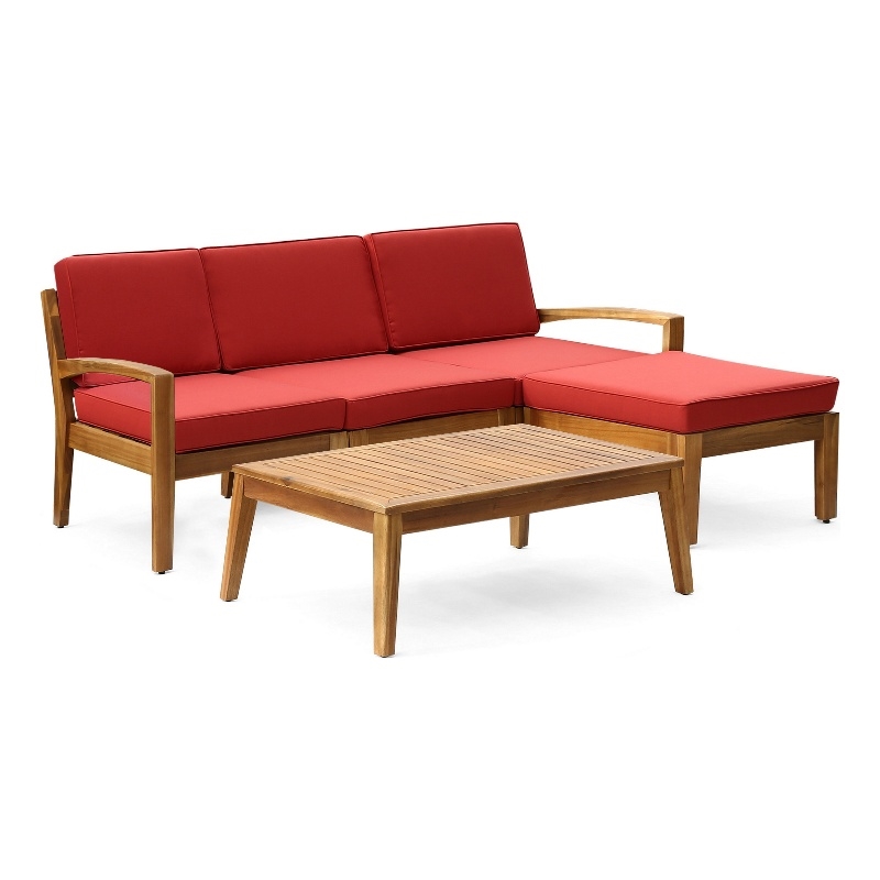 Benjara Outdoor L-Sectional Sofa with Coffee Table- Ottoman- Acacia Wood- Red