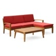 Benjara Outdoor L-Sectional Sofa with Coffee Table- Ottoman- Acacia Wood- Red