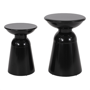 Benjara Side End Table Set of 2- Round Taper Top- Pedestal Base- Black Metal