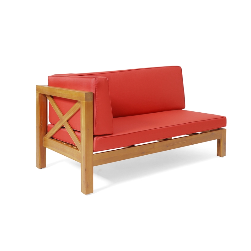 Benjara Juna Outdoor Left Arm Bench- Cross-Back Open Slat- Red- Acacia Wood