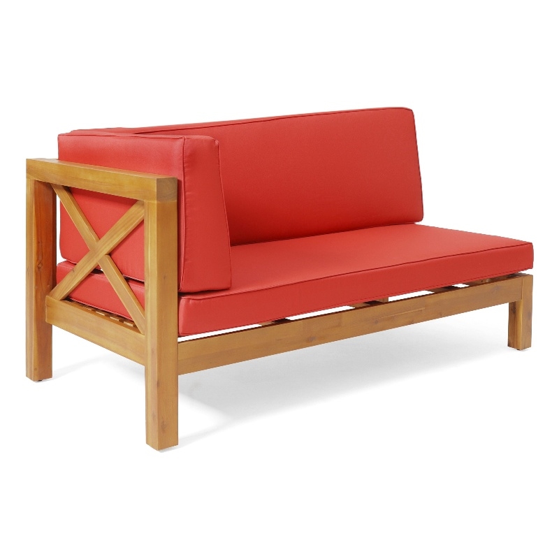 Benjara Juna Outdoor Left Arm Bench- Cross-Back Open Slat- Red- Acacia Wood
