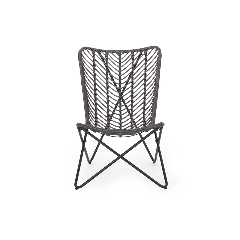 Benjara Lymi Outdoor Accent Chair Set of 2- Rattan Woven- Gray Geometric Base
