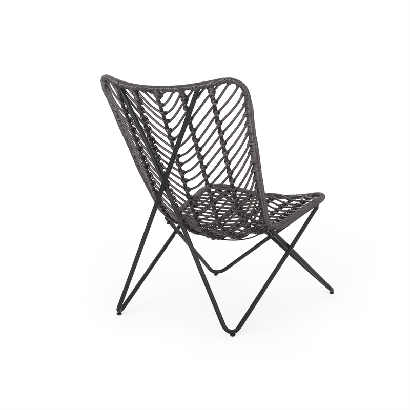 Benjara Lymi Outdoor Accent Chair Set of 2- Rattan Woven- Gray Geometric Base