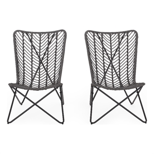 Benjara Lymi Outdoor Accent Chair Set of 2- Rattan Woven- Gray Geometric Base