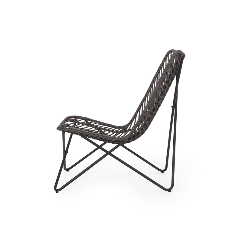 Benjara Lymi Outdoor Accent Chair Set of 2- Rattan Woven- Gray Geometric Base