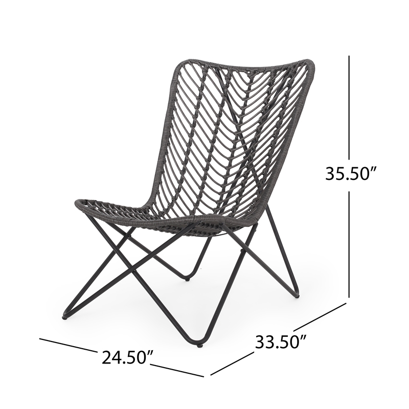 Benjara Lymi Outdoor Accent Chair Set of 2- Rattan Woven- Gray Geometric Base