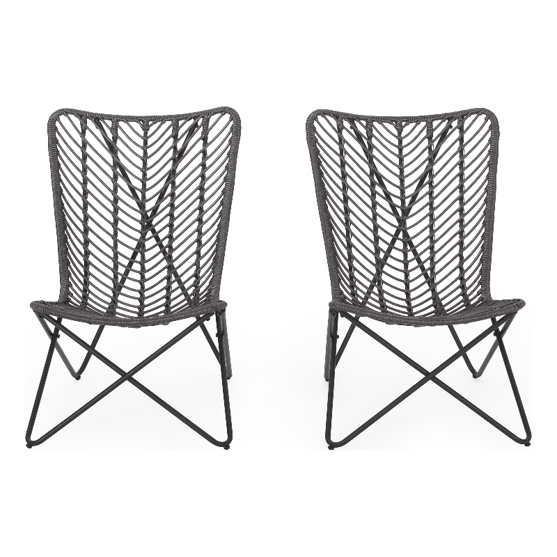 Benjara Lymi Outdoor Accent Chair Set of 2- Rattan Woven- Gray Geometric Base