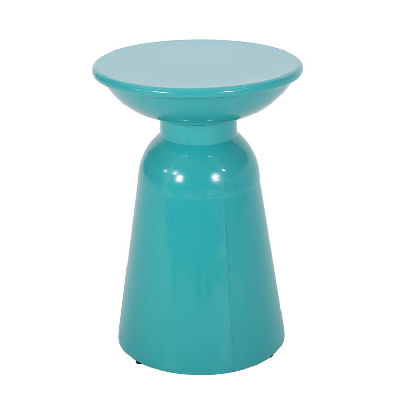 Benjara Mio Patio Side End Table Set of 2- Teal Blue Iron Flared Pedestal Base