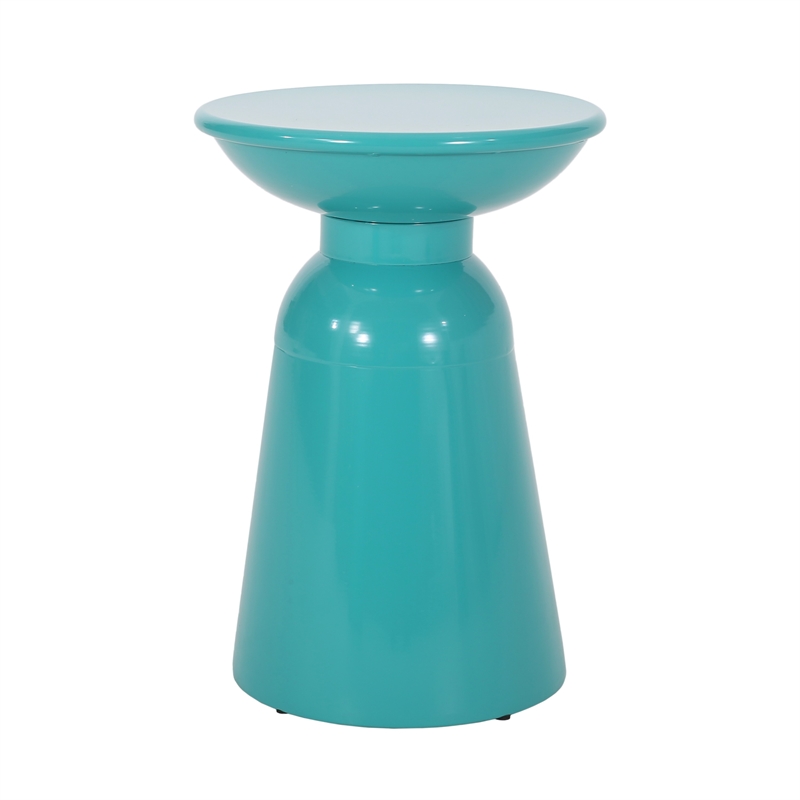 Benjara Mio Patio Side End Table Set of 2- Teal Blue Iron Flared Pedestal Base