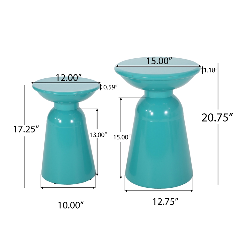 Benjara Mio Patio Side End Table Set of 2- Teal Blue Iron Flared Pedestal Base