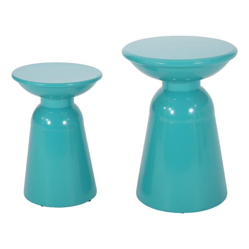Benjara Mio Patio Side End Table Set of 2- Teal Blue Iron Flared Pedestal Base