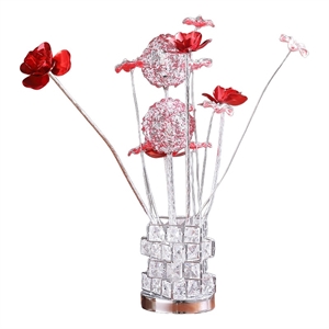 Benjara Accent Table Lamp- LED- Red Roses- Crystal Square Vase- Chrome 21 Inch