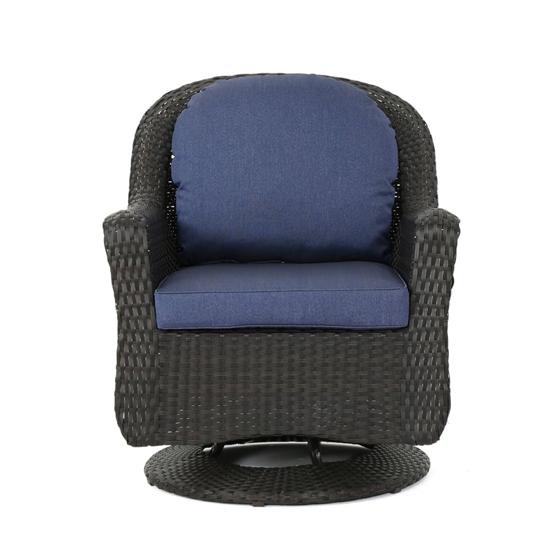Benjara Kaia Outdoor Swivel Accent Chair Set of 2- Rattan Wicker Weave- Blue
