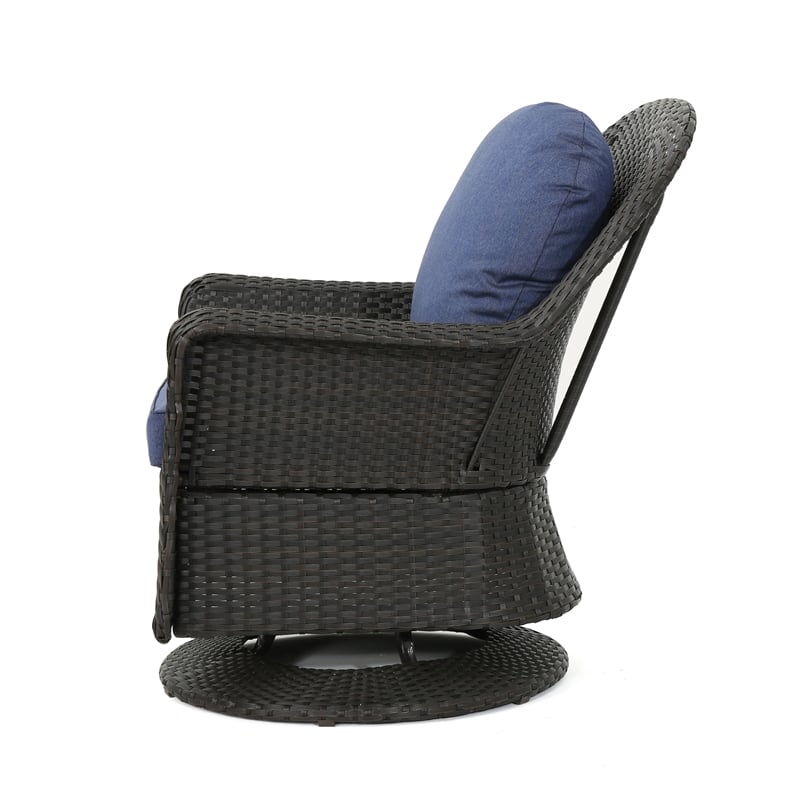 Benjara Kaia Outdoor Swivel Accent Chair Set of 2- Rattan Wicker Weave- Blue