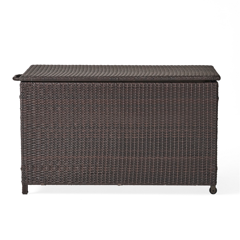 Benjara Laki Outdoor Storage Chest- Brown PE Rattan Wicker- Aluminum- 53 Inch