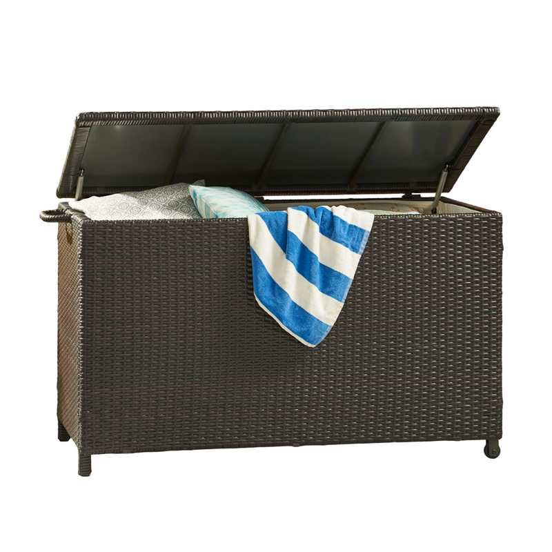 Benjara Laki Outdoor Storage Chest- Brown PE Rattan Wicker- Aluminum- 53 Inch