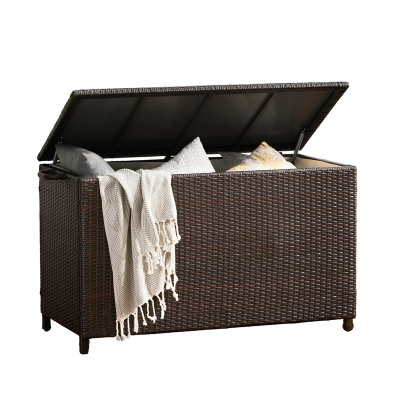 Benjara Laki Outdoor Storage Chest- Brown PE Rattan Wicker- Aluminum- 53 Inch