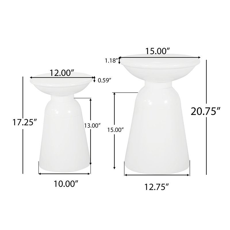 Benjara Suma Outdoor Side End Table Set of 2- Round Top- Pedestal- White Iron