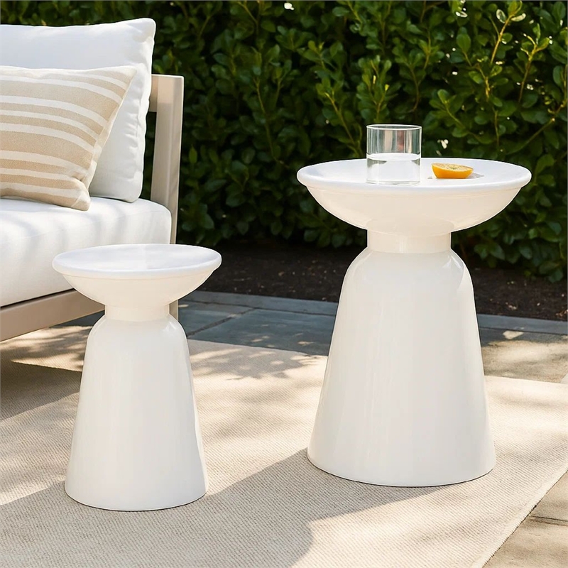 Benjara Suma Outdoor Side End Table Set of 2- Round Top- Pedestal- White Iron