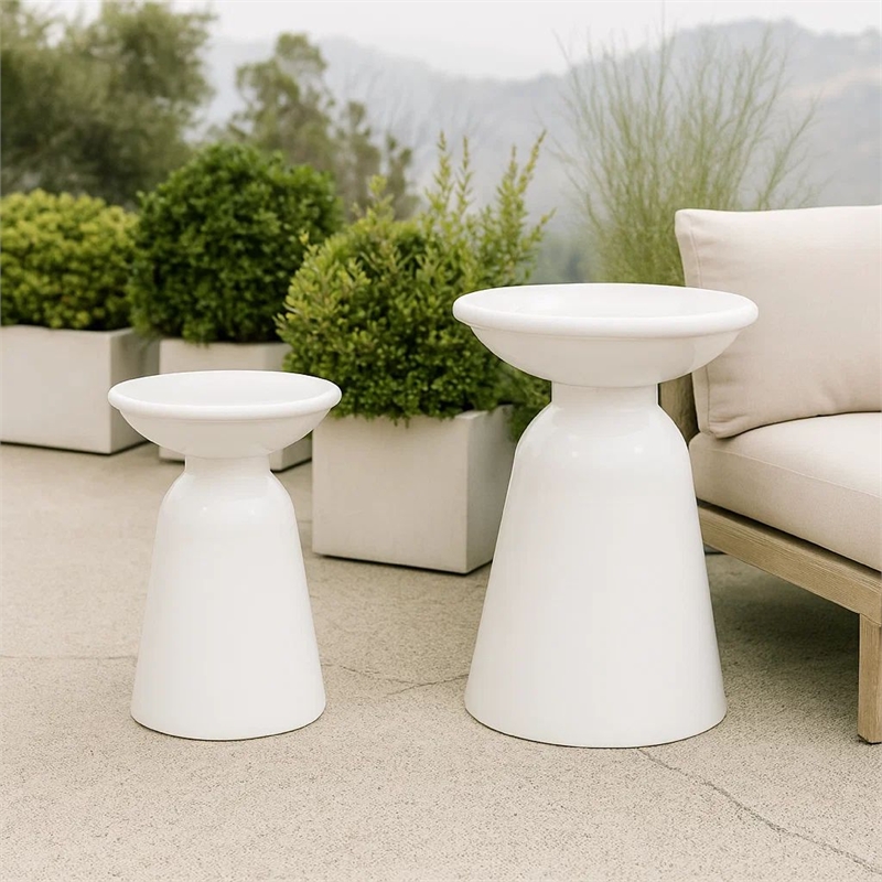 Benjara Suma Outdoor Side End Table Set of 2- Round Top- Pedestal- White Iron
