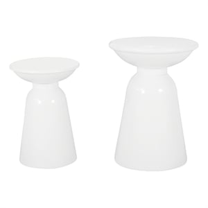 Benjara Suma Outdoor Side End Table Set of 2- Round Top- Pedestal- White Iron
