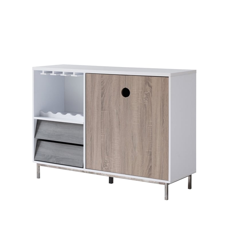 Benjara Wine Cabinet- 2 Drawers- Stemware and Bottle Rack- White Brown Gray
