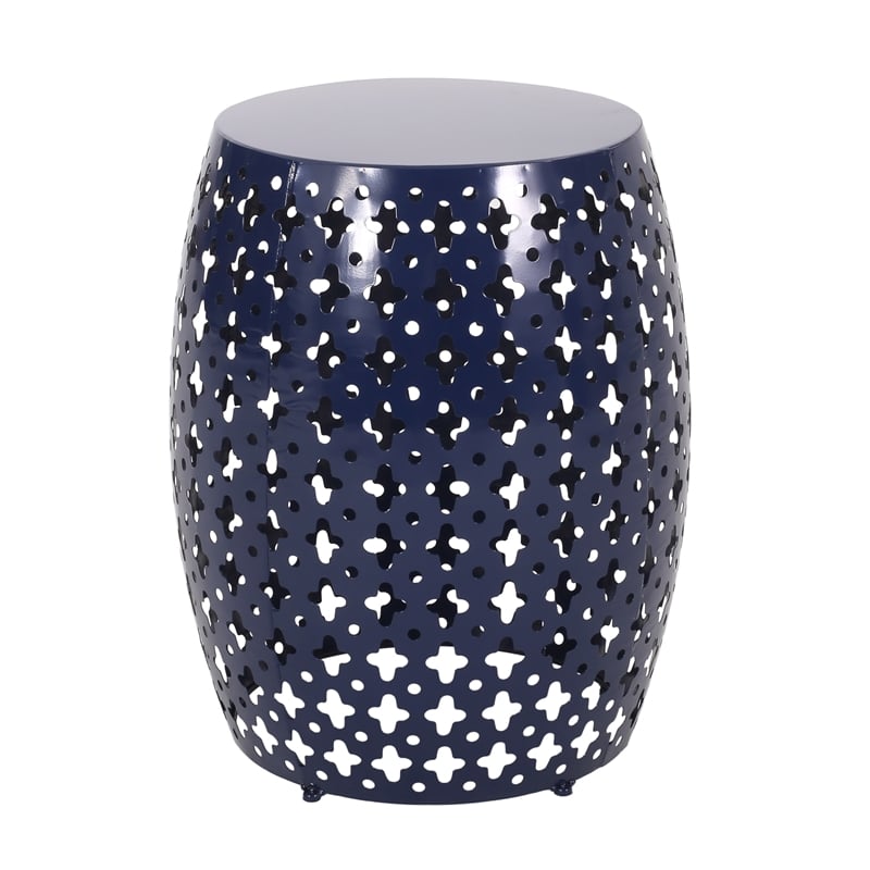 Benjara Miami Outdoor End Table- Cutout Design- Round 17 Inch- Navy Blue Iron
