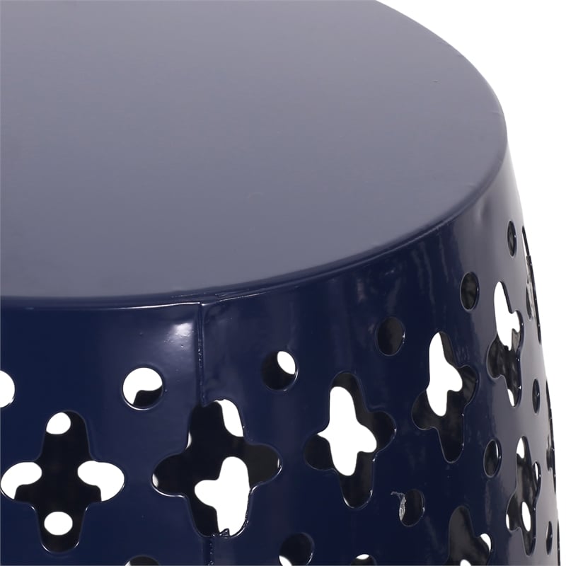 Benjara Miami Outdoor End Table- Cutout Design- Round 17 Inch- Navy Blue Iron