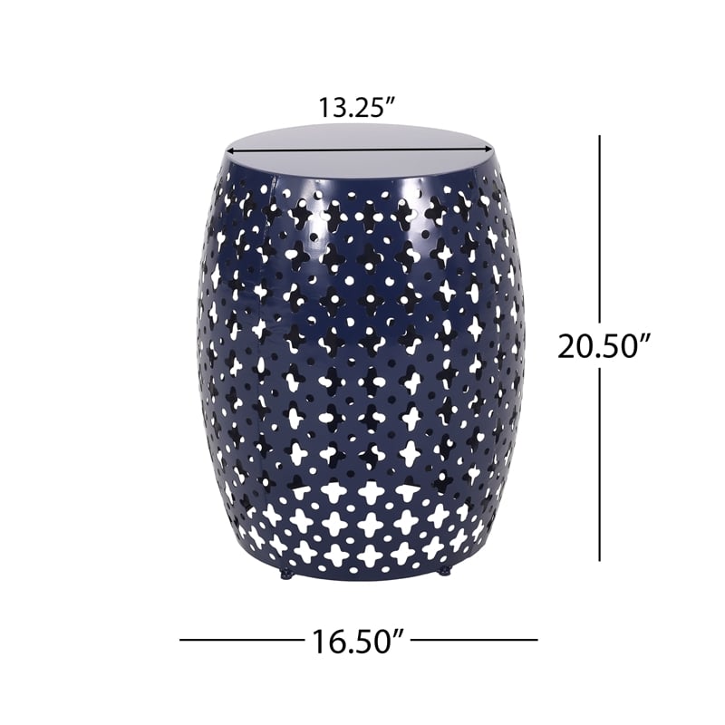Benjara Miami Outdoor End Table- Cutout Design- Round 17 Inch- Navy Blue Iron