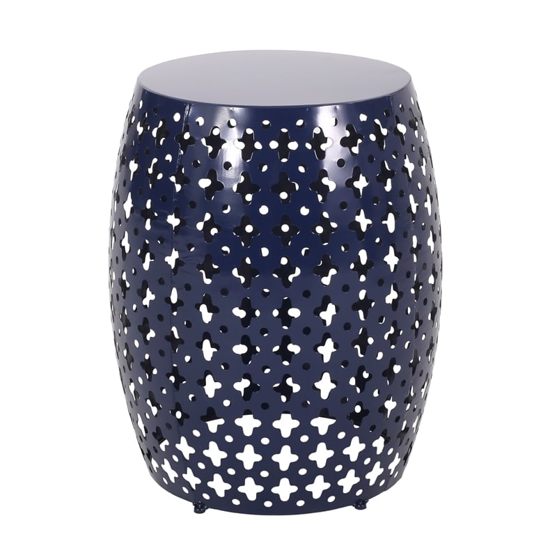 Benjara Miami Outdoor End Table- Cutout Design- Round 17 Inch- Navy Blue Iron