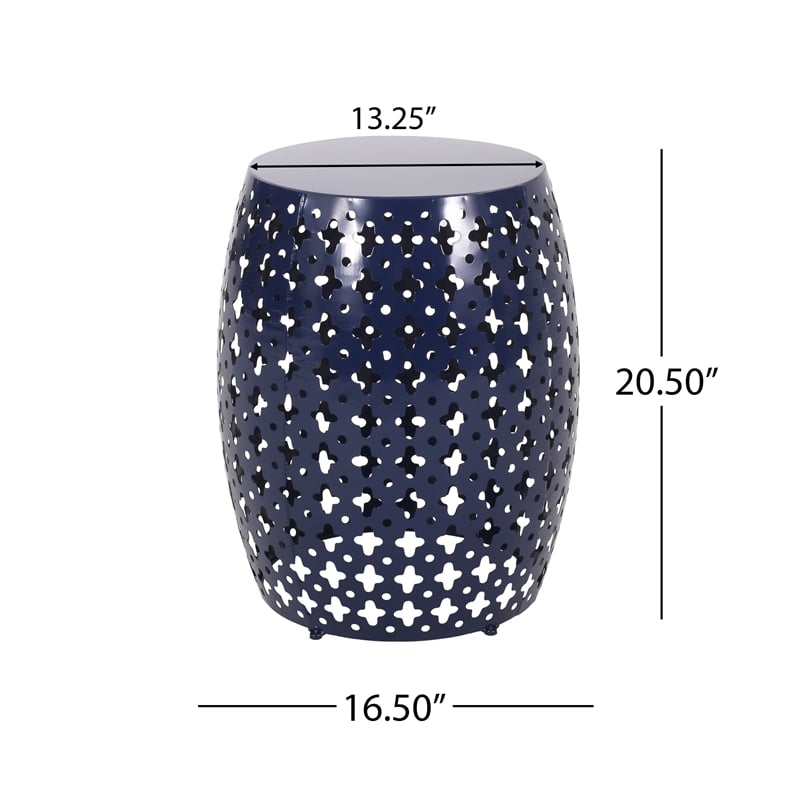 Benjara Miami Outdoor End Table- Cutout Design- Round 17 Inch- Navy Blue Iron