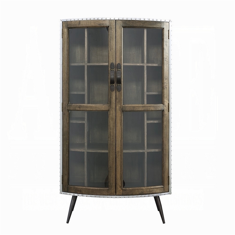 Benjara Bran Accent Cabinet- 2 Doors- 68 Inch- Nailhead Trim- Silver- Brown
