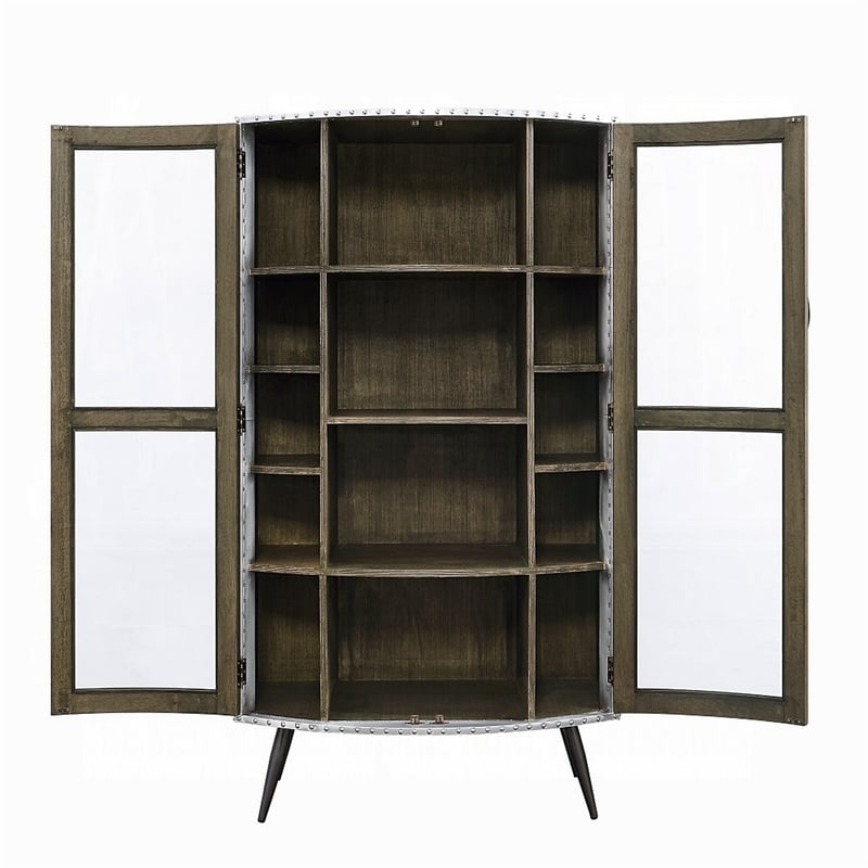 Benjara Bran Accent Cabinet- 2 Doors- 68 Inch- Nailhead Trim- Silver- Brown