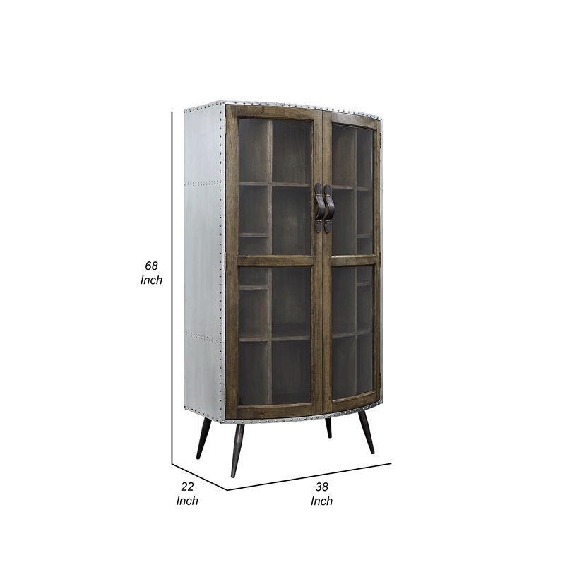 Benjara Bran Accent Cabinet- 2 Doors- 68 Inch- Nailhead Trim- Silver- Brown