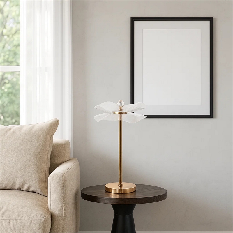 Benjara Accent Table Lamp- LED- Lotus Shape Acrylic- Copper- Gold- 18 Inch