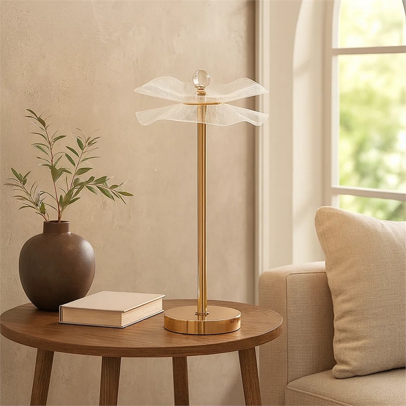 Benjara Accent Table Lamp- LED- Lotus Shape Acrylic- Copper- Gold- 18 Inch