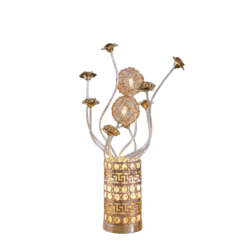 Benjara Table Lamp- Rose Bud Floral Vase- Cage Textured Gold Chrome 22