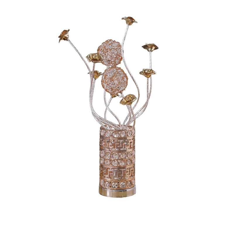 Benjara Table Lamp- Rose Bud Floral Vase- Cage Textured Gold Chrome 22
