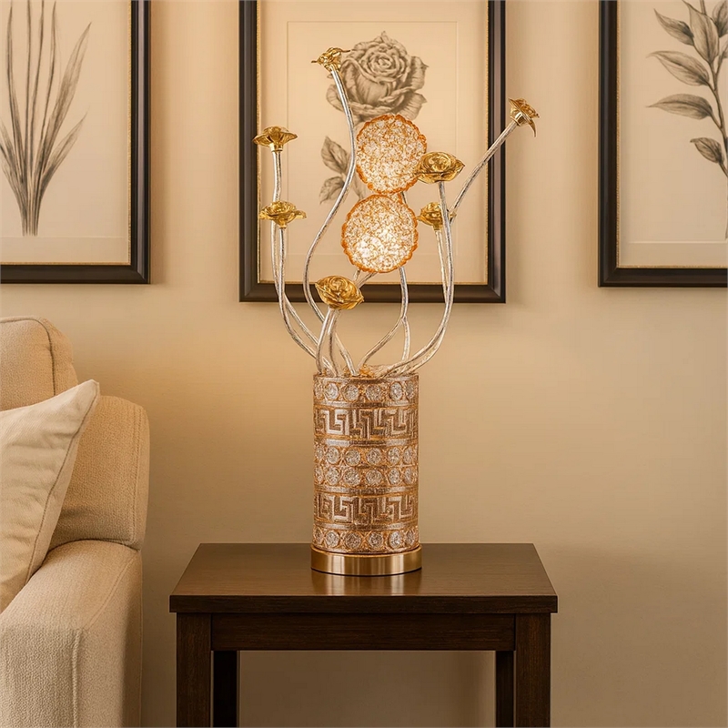 Benjara Table Lamp- Rose Bud Floral Vase- Cage Textured Gold Chrome 22