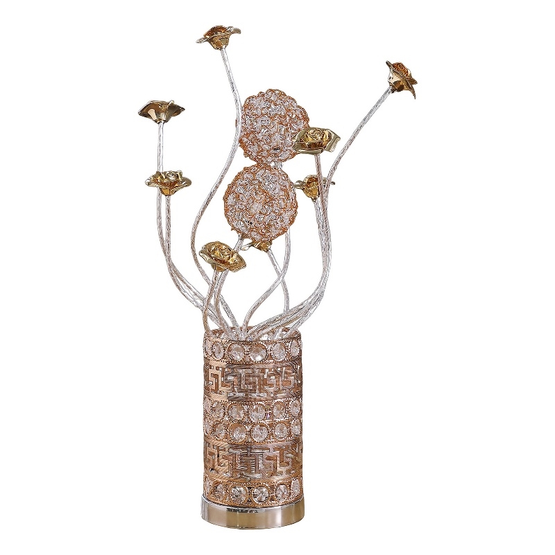 Benjara Table Lamp- Rose Bud Floral Vase- Cage Textured Gold Chrome 22