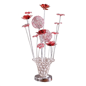Benjara Accent Table Lamp- LED- Red Roses Trumpet Crystal Vase- Chrome 21 Inch