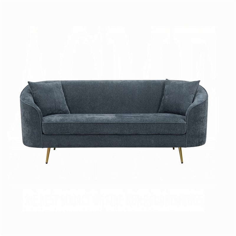 Benjara Kenny Sofa- 2 Pillows- Cobalt Blue Chenille- Gold Metal Legs- 77 Inch